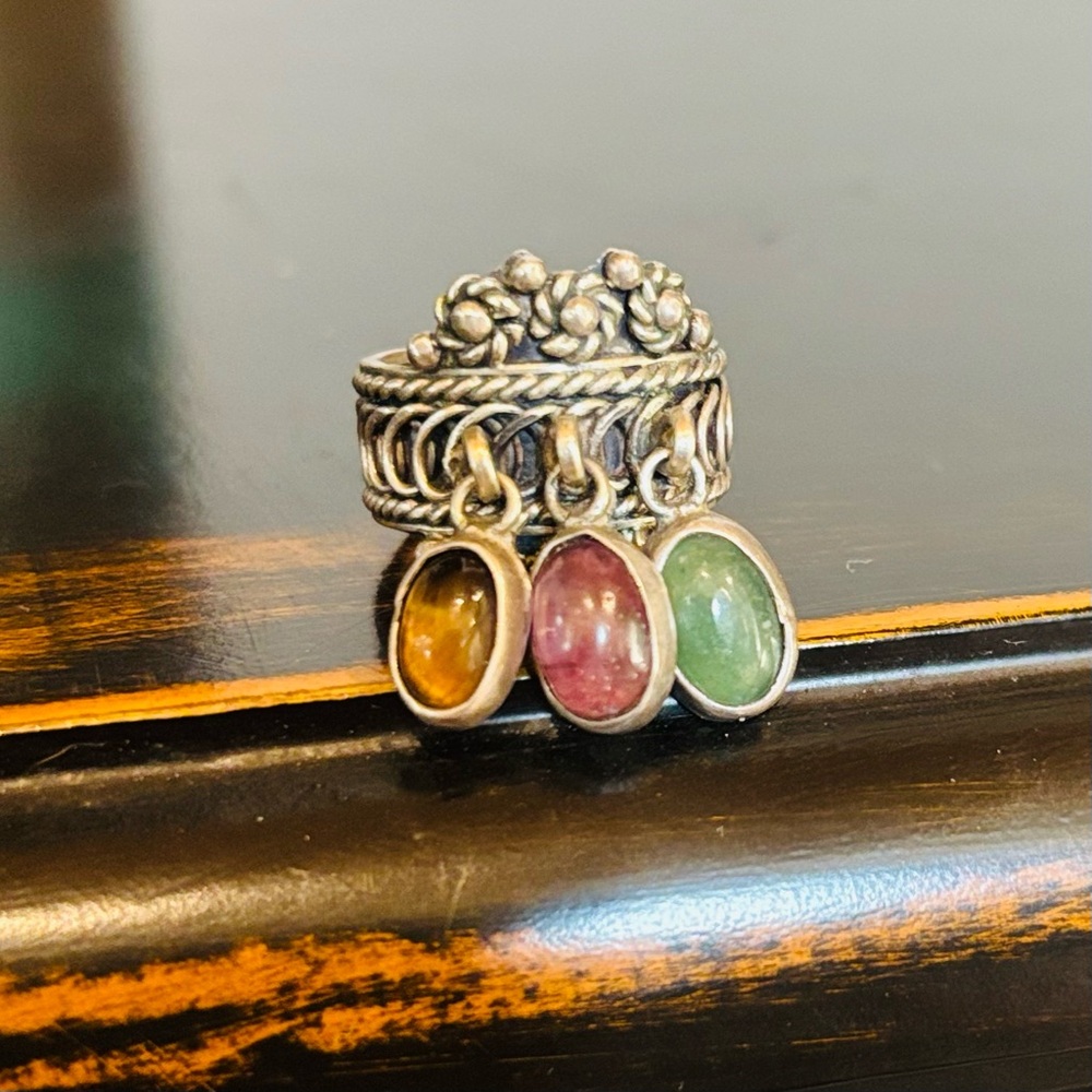 Gypsy Boho Dangly Cabochon Gemstone 925 Mexico Signed Ring Sz 6